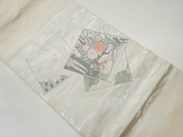 プラチナ箔色紙に花々・鴛鴦模様刺繍名古屋帯